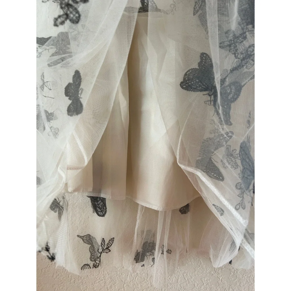 Tulle Midi Skirt Sz S White Black Butterfly Embroidered Mesh Fairy Y2K Ethereal